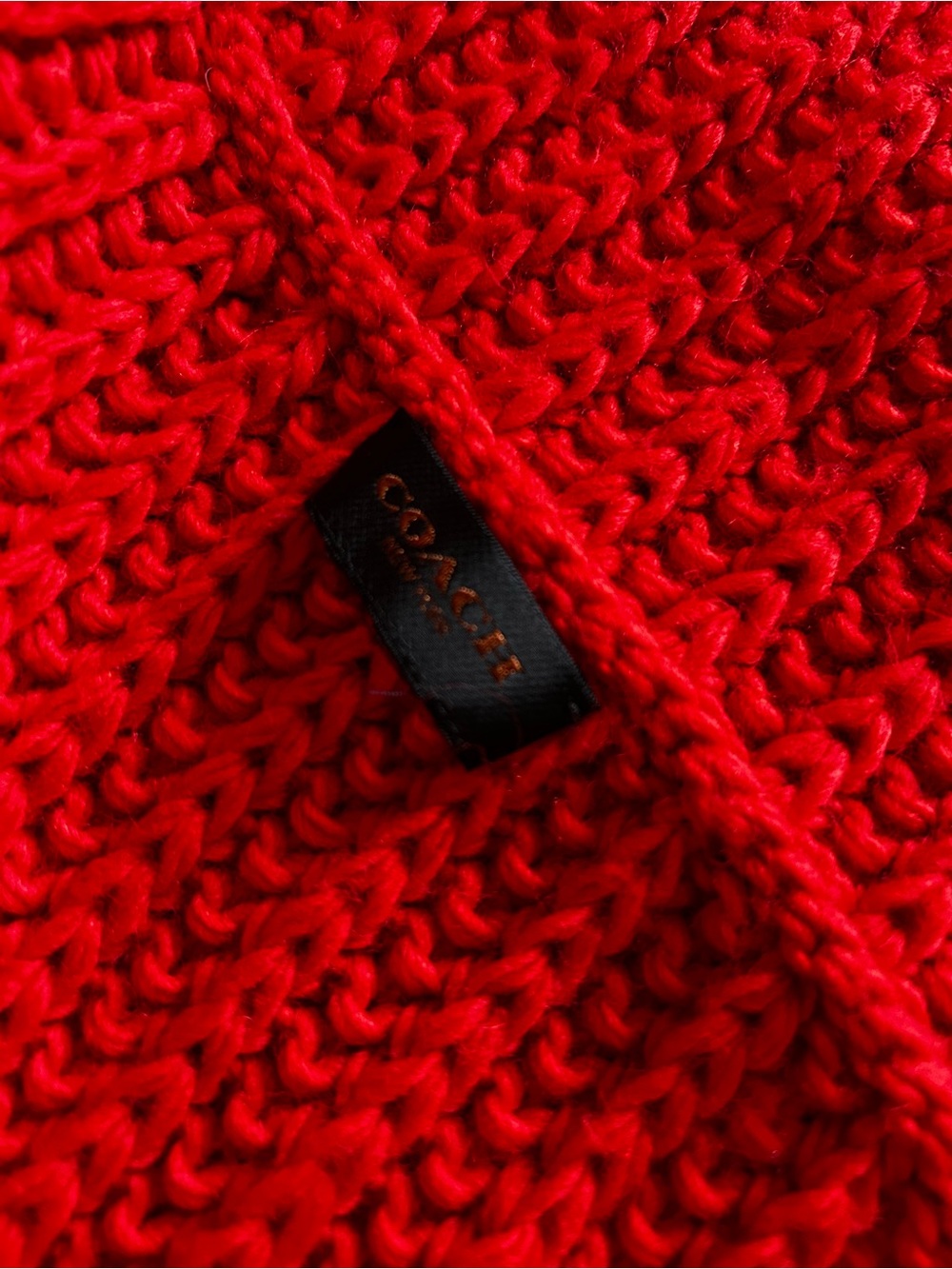 Coach Red Chunky Knit Eternity Scarf with Leather Logo